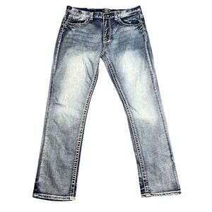 True Luck Men's 36x32 Jeans Blue Straight Leg Heavy Stitch Acid Wash TL23090602